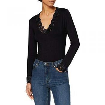 Morgan Tshirt Manches Longues Col V Dentelle Tracy T-Shirt, Negro