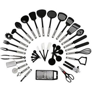 NexGadget Utensilios de Cocina 38 Piezas Conjuntos de Cocina de Acero Inoxidable y Nylon Herramientas de Cocina Cuchara, Destapadór, Rallador, Medidor, Cortador para Pizzas, Espátulas, etc.