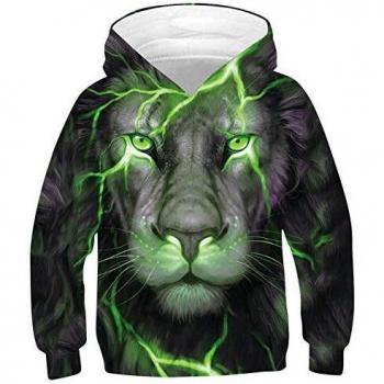 SunFocus Sudadera con Capucha para niños 3D Lion Graphic Printed Boys Girls Sudaderas con Capucha Negras de Manga Larga Causual Pullover de Bolsillo para Otoño Invierno Outwear XL