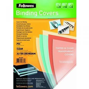 Fellowes Portadas para encuadernar de PVC transparente, formato A3, 200 micras, pack de 100, Cristal