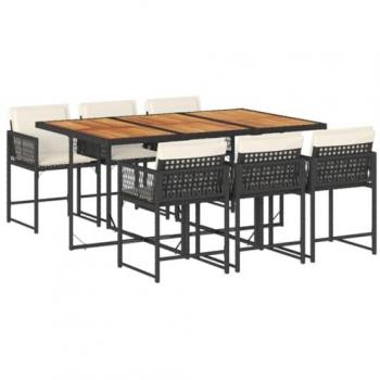 Set de comedor de jardín 7 pzas con cojines de ratán sintético negro