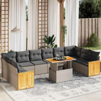 11-Piece Grey Poly Rattan Garden Sofa Set with Cushions