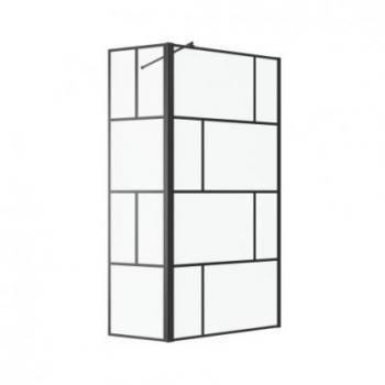 Mampara de Ducha Fija con Pivote 90+40x195 cm Serigrafiada Bloques Cristal Transparente Perfil Negro