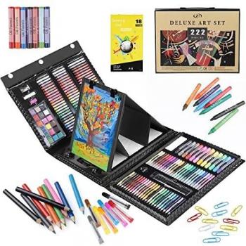 Zezirdas 222 Piezas Set de Pintura - Lápices de colores, pasteles, pasteles al óleo, pastel de acuarela, lápices HB, marcadores, Caballete triple, bloc de dibujo, perfecto para niños, principiantes