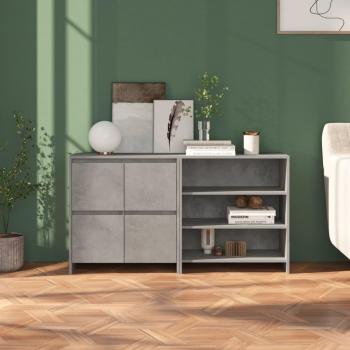 Aparador de 2 piezas de madera manufacturada gris hormigón, mueble de almacenaje moderno para salón con armarios con puertas y cajón de madera