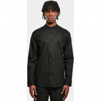 Urban Classics Long Sleeve Cotton Linen Stand-Up Collar Shirt - Black