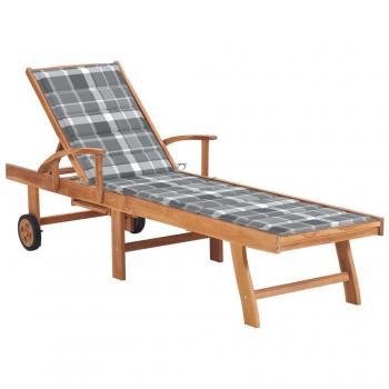 Teak Wood Sun Lounger with Grey Check Pattern Cushion