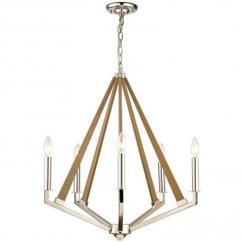 Lámpara colgante pentagonal de 5 luces E14 en níquel pulido y madera topo