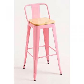 Taburete Alto Industrial Vintage Rosa con Respaldo de Madera Natural