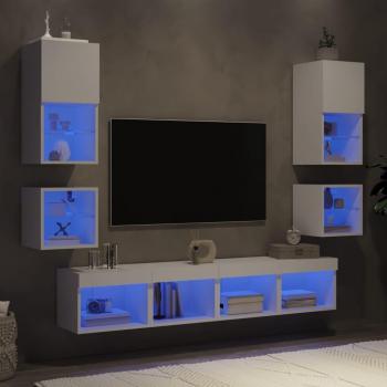 Muebles de TV de pared con LED 8 piezas madera ingeniería blanco