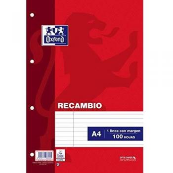 Oxford, Hojas Rayadas A4 perforadas. Recambio Achivador, 100 Hojas, 4 Taladros