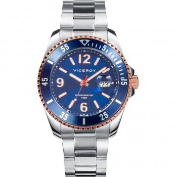 Reloj Viceroy Heat para hombre con correa de acero y caja de acero IP rosa, esfera azul y calendario - Modelo 401221-35