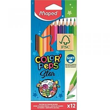Maped, Pinturas de Madera, Lápices de Colores Estuche, 12 Pinturas con Presentación en Caja de Cartón, Tonos Vibrantes para Acabados ,