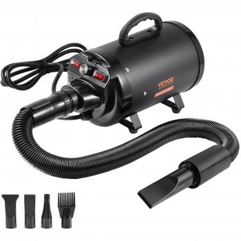 Secador de Pelo para Perros Vevor 2000W/2.7HP con Velocidad Ajustable, Temperatura Regulable, 4 Boquillas y Manguera Extensible, Negro