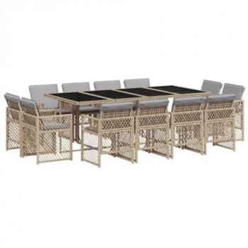 Set comedor de jardín con cojines 13 pzas ratán sintético beige