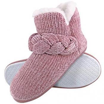 Dunlop Women's Warm Fleece Plush Knitted Slippers Booties - Grey Fairisle & Pink Cord, Size 3 (UK)