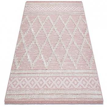 Alfombra Eco Sisal Boho Marroquí Diamantes con Flecos - Dos Niveles de Vellón Rosa/Crema, Alfombra Reciclada 117x170 cm