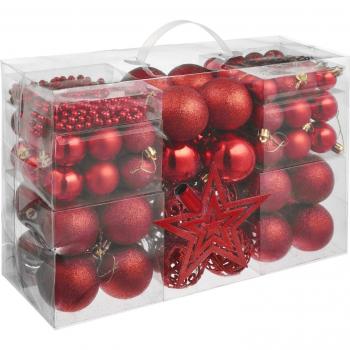 Conjunto de 86 bolas de Navidad rojas - incluye 84 bolas en tres tamaños diferentes (mate, brillante o con brillantina), cadena de perlas y estrella