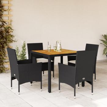 Set de comedor de jardín 5 piezas con almohadas de ratán negro y acacia