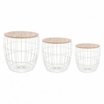 Mesa de Centro Auxiliar Atomic Set 3 Niveles Miroytengo Color Blanco - Melamina, Acero, Madera Claro