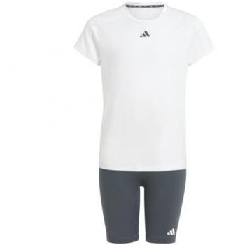 Chándal de fitness Adidas Essentials Jogger 3 Bandas Niña, camiseta manga corta blanca y pantalones cortos gris carbón, talla 14-15 años