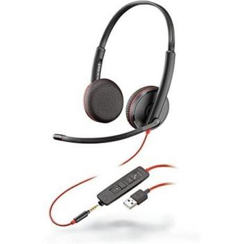 Plantronics, auricular con cable Blackwire 3225 USB-A, de dos oídos, estéreo, con micrófono de brazo, se conecta a PC o Mac mediante USB-A o a tablet o teléfono celular a través de un conector de AUX