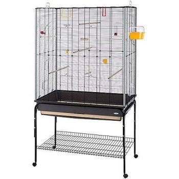 Ferplast Espaciosa Jaula para Canarios, periquitos y pájaros exóticos Planeta, con Accesorios y Soporte con Ruedas con repisa portaobjetos, Alambre Pintado Negro y cubeta marrón, 97 x 58 x h 173,5 cm