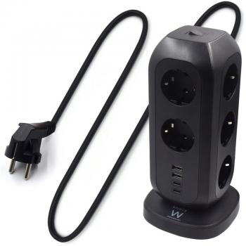 Ewent EW3862 Regleta Vertical de 11 Tomas Schuko con 2 Puertos USB y 2 Puertos USB-C, Cable de 2m, Color Negro