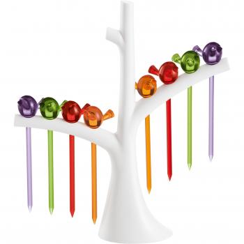 Koziol PI:P - Set de 8 Pinchos, diseño de pajaritos, para Aperitivos, Tapas, Colores Variados, Soporte en Forma de árbol