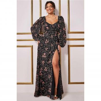 Goddiva Floral Print Shirred Back Maxi Dress - Floral Print, Lace, Size 10 UK