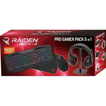 Combo Raiden 5 en 1 de Accesorios para PC - Teclado QWERTY, Ratón, Alfombrilla y Soporte para Auriculares
