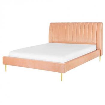 Cama King Size de Terciopelo Rosa Melocotón 160x200 cm con Reposacabezas Alto y Base de Somier Slatted