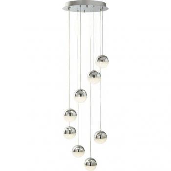 Lámpara colgante de racimo en espiral Marbles, 8 luces LED integradas, cromo, vidrio de hielo triturado