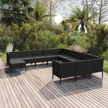 12-Piece Black Poly Rattan Garden Lounge Set with Cushions