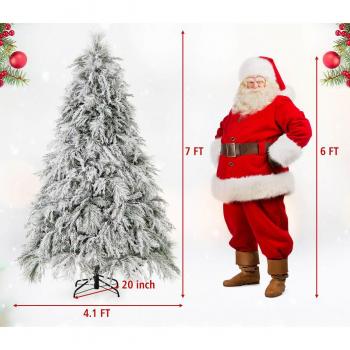 Warm White LED Snow Flocked Pre-Lit Christmas Tree - 7ft Artificial Holiday Tree with PVC and Pine Needles