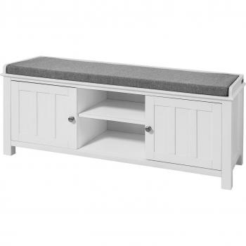 Banco de almacenamiento de zapatos de pasillo de madera blanco con dos puertas cerradas y dos estantes, incluye cojín en la parte superior