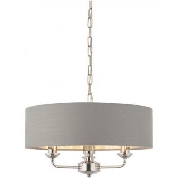 Lámpara colgante Highclere 3 luces, acero niquelado brillo, tela de carbón vegetal y madera