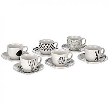 Set de 6 Tazas de Café con Platillo Tognana Metropolis Graphic, Porcelana Nueva Bone China, 80 cc, Blanco y Negro