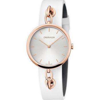 Reloj Calvin Klein CADENA para mujer (Ø34mm) - Mod. CHAIN, diseño elegante, caja de acero inoxidable, esfera blanca, correa de eslabones metálicos, resistente al agua hasta 30 metros