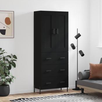 Aparador alto de madera contrachapada negro 69,5x34x180 cm con 3 cajones, mueble de almacenaje para salón, buffet y armario auxiliar