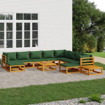 12-Piece Solid Wood Garden Lounge Set with Green Cushions