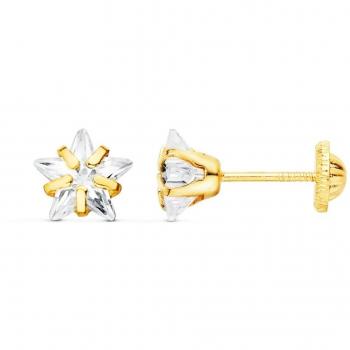Pendientes de Oro 18k Bicolor para Mujer con Detalle de Dos Líneas Verticales Omega y Pendientes de Oro 18k Estrella con Circonitas en Garras Tornillo de 6.5mm Joyería Diam