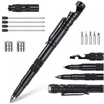 Flintronic Bolígrafo Multifunción, Bolígrafos Tácticos con Regla Y Luz, Bricolaje Regalos Hombres Gadgets Originales Oficina y Papeleria Multiherramientas para Hombre, Negro