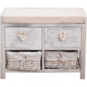 Banco de almacenamiento Mobili Rebecca con 2 cajones y 2 cestas de mimbre, color blanco shabby chic, dimensiones 46x60x30 cm