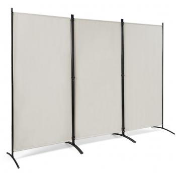 Biombo de 3 Paneles Separador de Ambientes Plegable Divisor Pantalla de Privacidad para Casa Oficina Baño Dormitorio 260 x 183 cm Blanco con Almohadilla de Pie Ajustable Beige