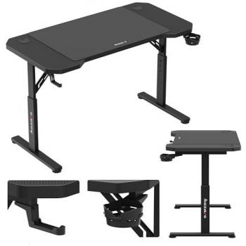 Mesa de ordenador gaming Huzaro Hero 2.6 Black, 120 x 60 cm, altura ajustable, incluye alfombrilla para ratón, gancho para auriculares, soporte para bebidas y pasacables