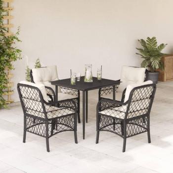 5-Piece Black Poly Rattan Garden Dining Set with Cushions