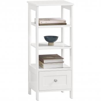 Estantería Escalera Mesa Auxiliar con Cajón y 4 Estantes, FBT91-W Blanco, Mesa Auxiliar Alta Mesita de noche con 1 cajón y 3 Niveles, Mesa para salón Comedor Blanco