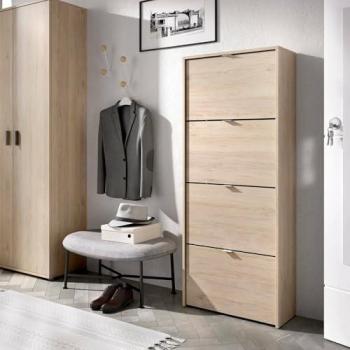 Zapatero Vettore DMORA, mueble para entrada que ahorra espacio, con 4 puertas abatibles, dimensiones 61x25x149 cm, acabado en roble