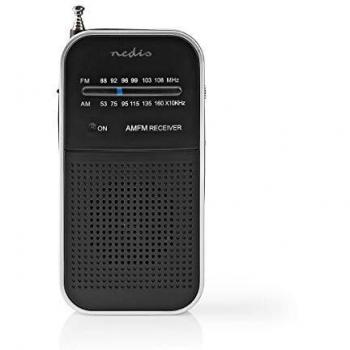 NEDIS Radio FM Radio FM | Diseño portátil | Am/FM | Alimentado por baterias | Analógico | 1.5 W | Pantalla Blanca Negra | Salida de Auriculares | Aluminio/Negro Aluminio/Negro